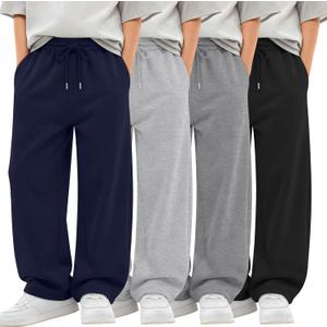 4 Pack Boys Baggy Sweatpants Teen Youth Casual Pants Open Bottom Kids Athletic Drawstring Joggers with Pockets (11-12 Years, Black, Gray, Navy Blue, Light Gray)