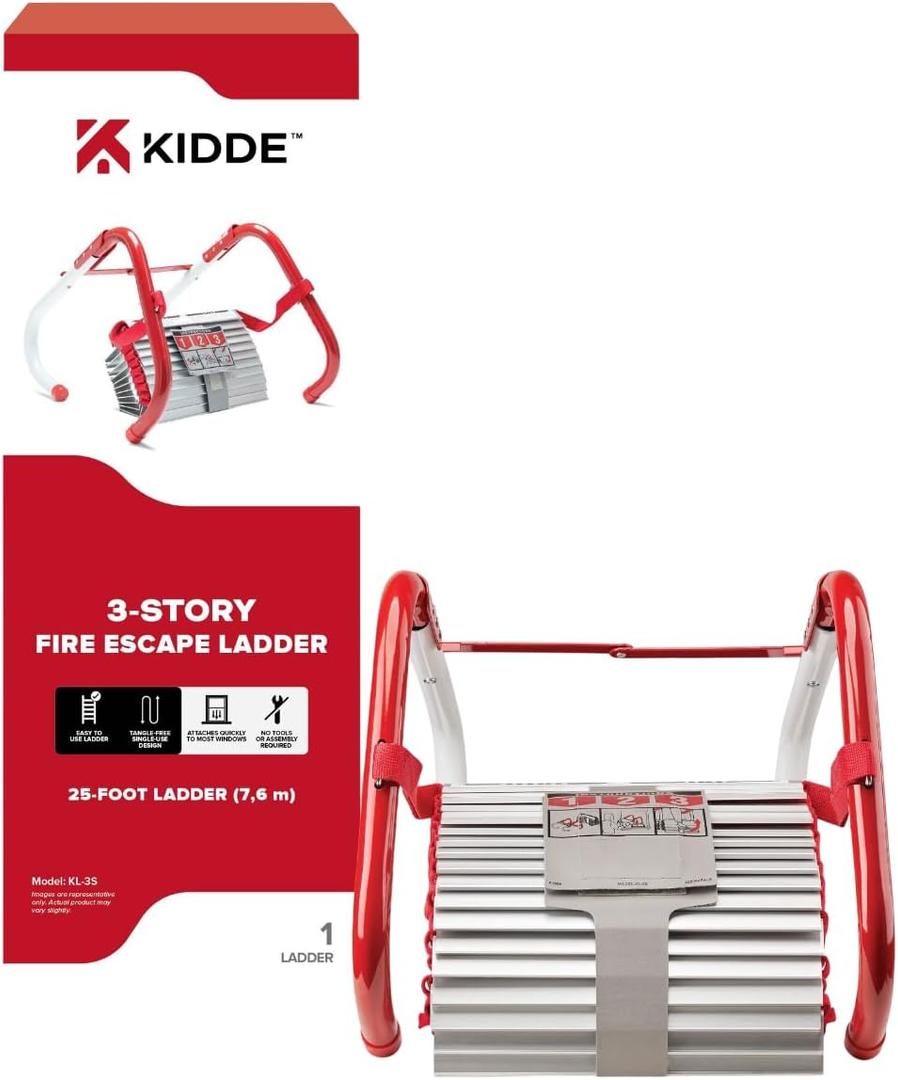 Kidde Fire Escape Ladder, 3-Story Rope Ladder, Extends to 25-Feet, Anti-Slip Rungs