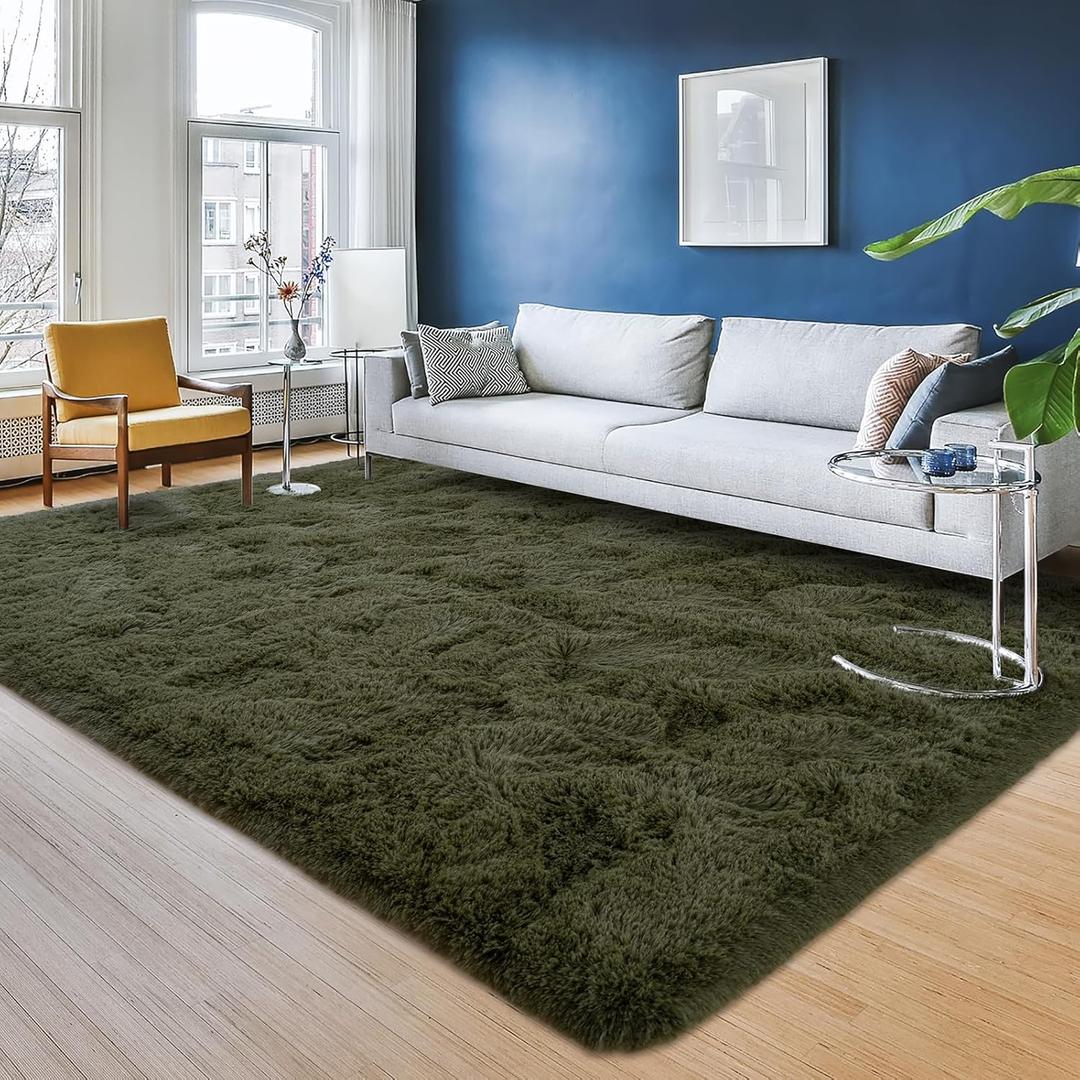 Przemy Fluffy Rug for Bedroom, 4x6 Feet Shaggy Area Rugs for Living Room, Super Soft Fuzzy Carpet Rug for Kids Room Dorm Nursery Indoor Home Decor, Olive Green