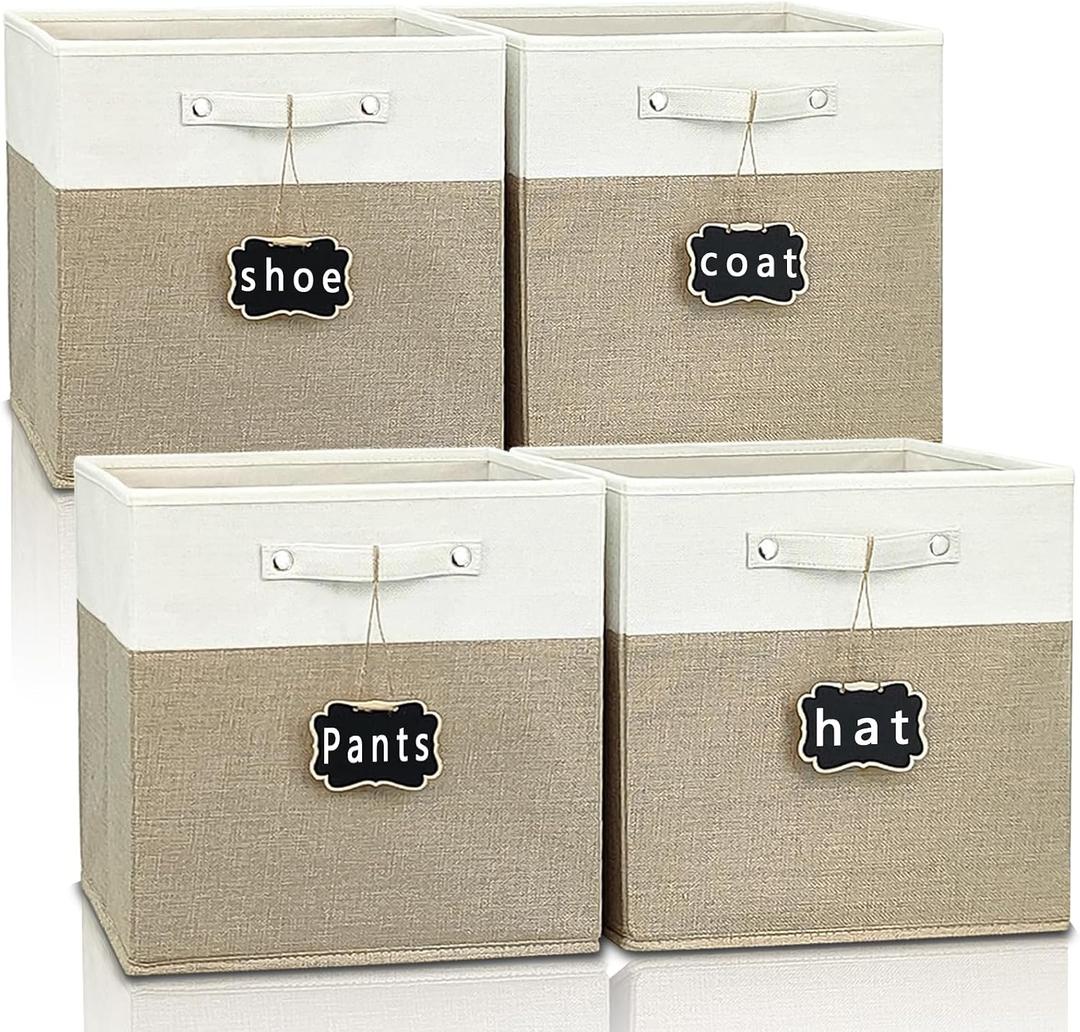 Storage Cubes,13x15x13 storage cube bins Set of 4,Foldable Fabric Storage Cubes with Labels,Linen Cube Storage Organizer Bins Kallax Storage Cubes for Organizing Shelves Cabinet(White Khaki).