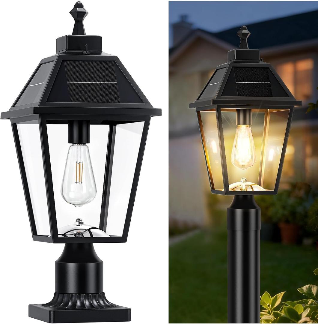 22.5" Large Outdoor Solar Post Light, Dusk to Dawn Solar Lamp Post Light, Black Lamp Posts Light Fixture with Pier Mount Base, Waterproof Outdoor Pole Lights for Yard Garage Porch Patio, 1Pack, 22.5" X 8.5" X 8.5"
