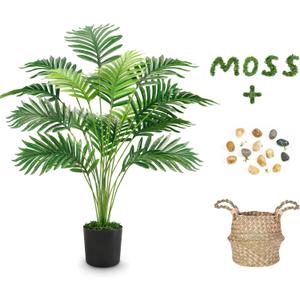 Der Rose Fake Palm Tree 28Inch Tall Fake Plant Potted Faux Areca Artificial Tree with Hand-Woven Baskets with Handles for Indoor Outdoor Home Office Bedroom Porch Balcony Decor