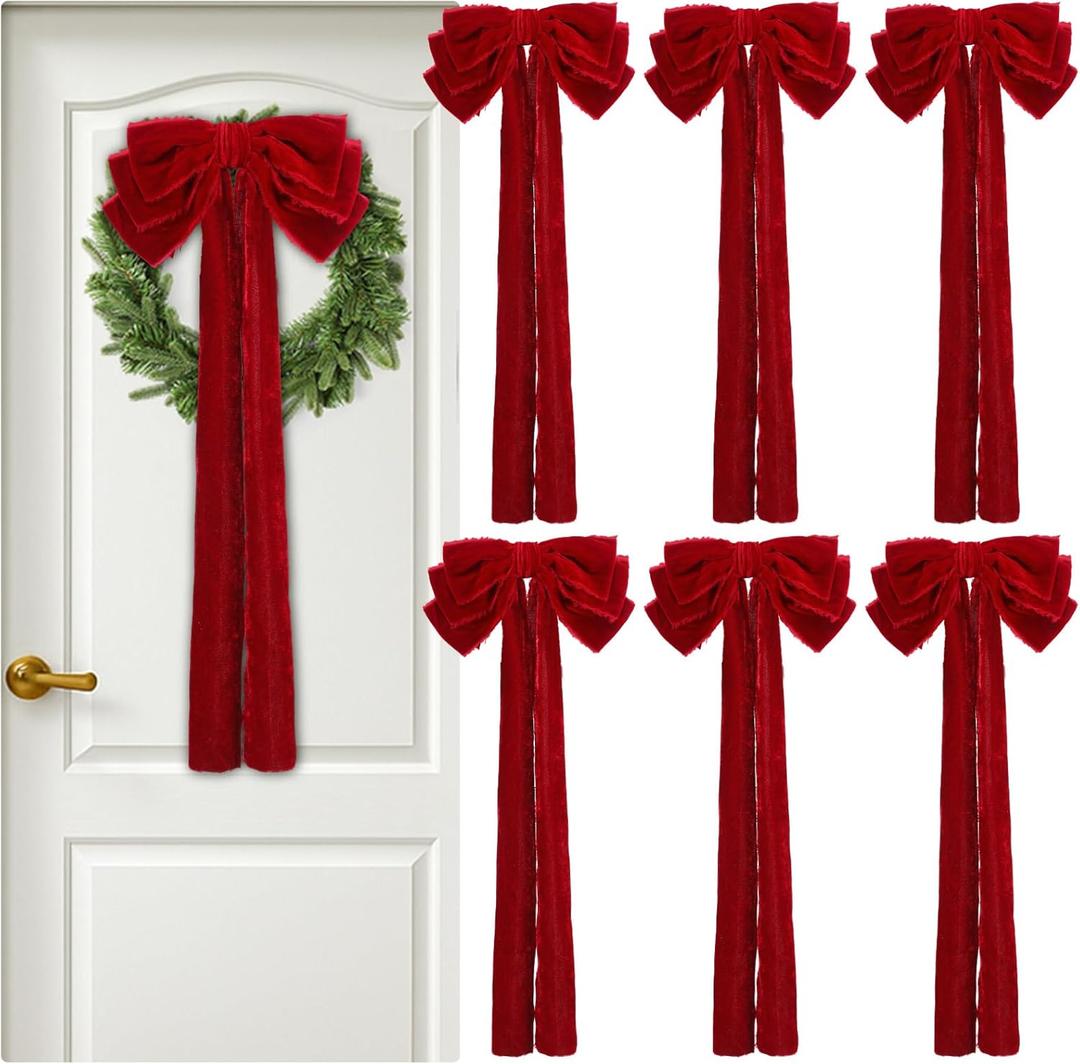 6 Pcs Large Velvet Bows for Christmas Tree 19.7" x 10.6" Velvet Ribbon Bows Ornament Christmas Swag Wreath Staircase Bow Vintage Raw Edges Tree Topper for Home Decor(Burgundy,Three-ear Style)