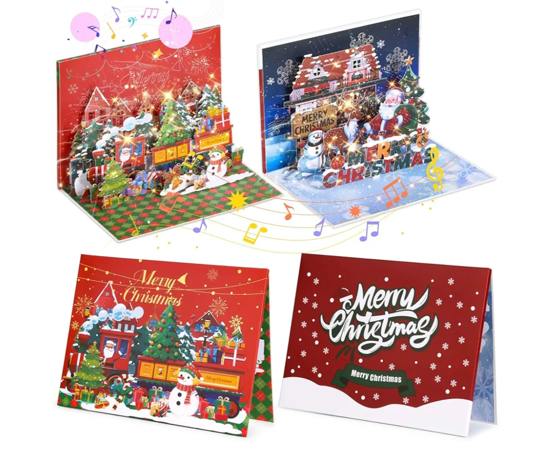 Caffox 2 Pcs Pop Up Christmas Greeting Cards with Light and Music, 3D Musical Christmas Gift Card with Envelope Holiday Décor Cards Gift for Family, Friends, Kids