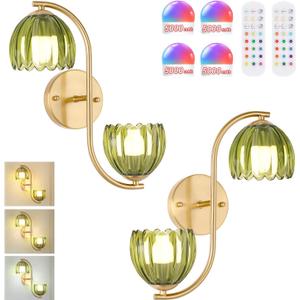 Battery Operated Wall Sconce, 2-Lights Vinatge Brass Wall Lighting Up and Down with Green Tulip Shade for Living Room, Bedroom, Symmetrical 2 Pack