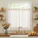 jinchan Belrose Linen Floral Kitchen Curtains 36 inch Length Embroidered Farmhouse Cafe Curtains for Living Room Bathroom Small Windows Curtain Set Sheer Light Filtering 2 Panels White 26"W x 36"L (Pack of 2), *White