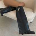 Kluolandi Women's Fold Over Knee High Boots with Metal Padlock Covered Wedge Heel Wide Calf Pull On Boots