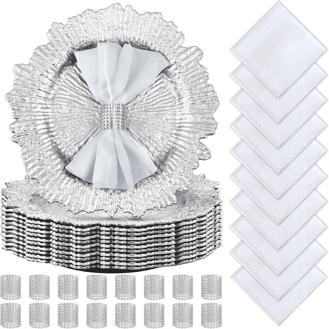 Tanlade 72 Pcs Christmas Charger Plates Set Bulk 24 Pcs 13'' Floral Reef Plates, Napkin Rings and Cloth Napkins Plastic Dinner Chargers Set for Table Setting Wedding Party(Silver)
