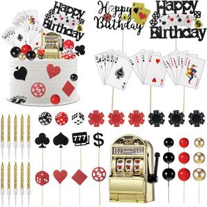 42 Pcs Casino Cake Topper Decorations with Candles Poker Game Chips Player Happy Birthday Cake Pick Set for Las Vegas Scene Birthday Party Decoration