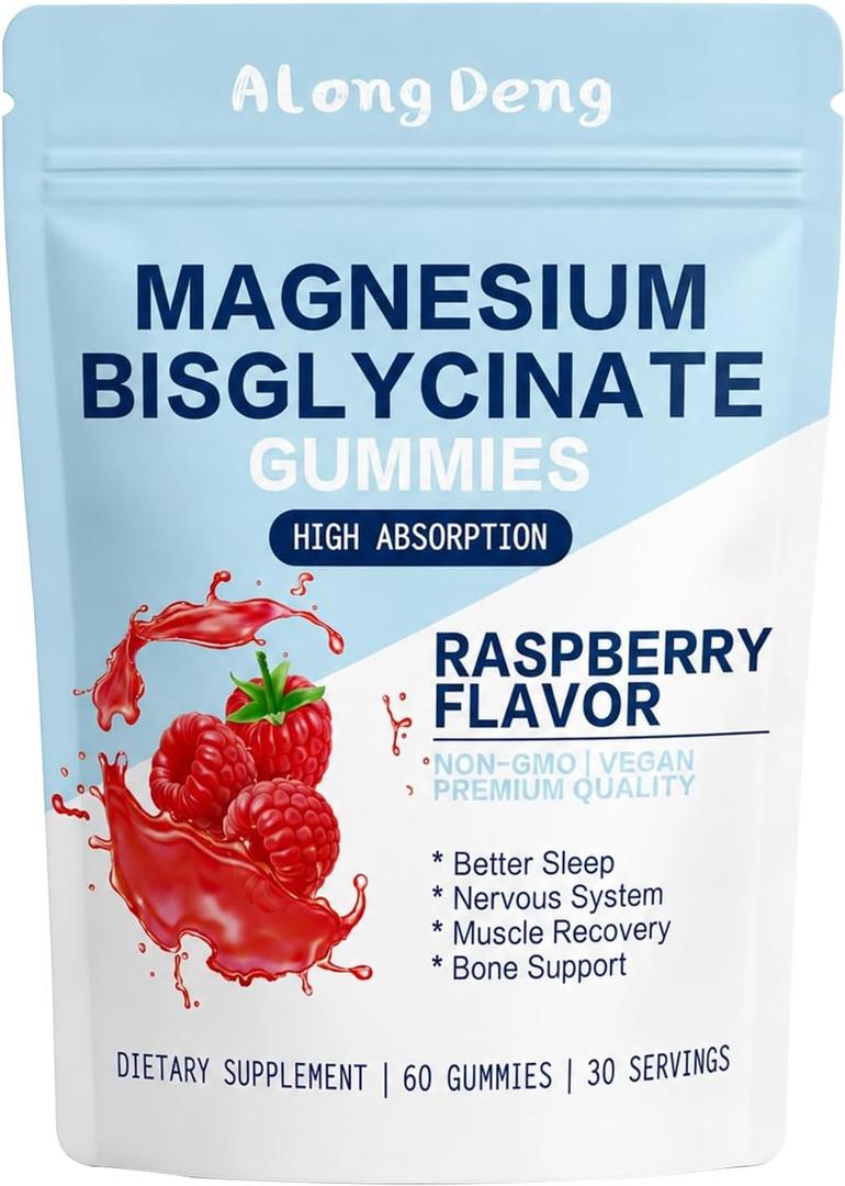 Magnesium Bisglycinate Gummies, with 500mg Magnesium Bisglycinate Chelate Sea Salt Raspberry Fruit Powder, Improve Sleep & Nervous, Relax Muscles, Strengthen Bones, Vegan, 60 Count