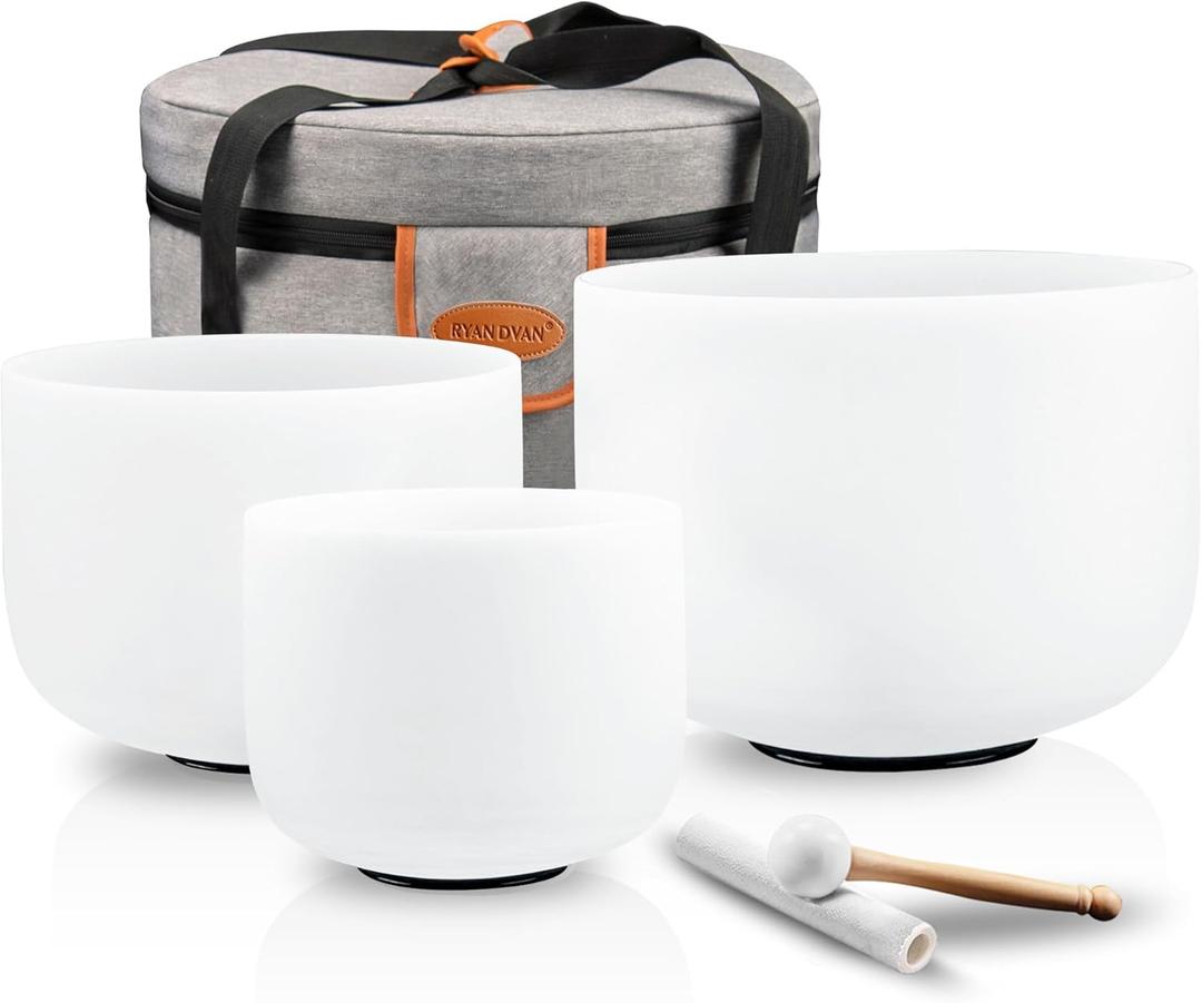 RYAN DVAN Crystal Singing Bowl Set of 3, 6" A Third Eye, 7" G Throat, 8" E Solar Plexus with Case Suede Striker & O-Ring Sound Therapy for Yoga, Reiki, Chakra Healing Energy Tuning & Mindfulness Kit