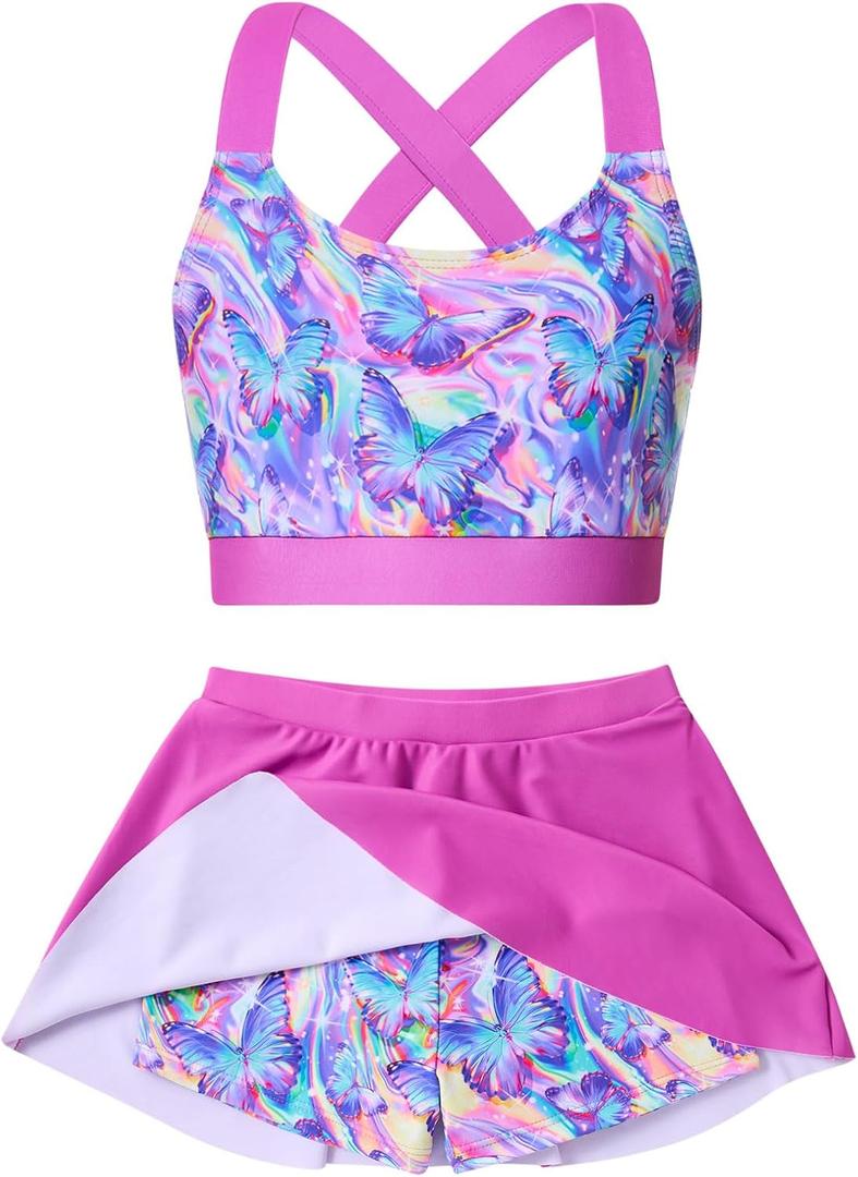 AIDEAONE Girls Swimsuit Two Piece Tankini Skirt Set with Boyshort Summer Beach Bathing Suit Size 6-14 (8-9 Years, C-pink Butterflies)
