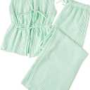 Women's Striped 2 Piece Set Tie Front Peplum Tank Tops and Wide Leg Pants Sets Blue Medium (Green, M)