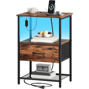 Somdot Nightstand Set of 2 with Charging Station and LED Light for Bedroom, Bedside Table End Table for Dorm Guest Room Bedside Kids Laundry Closet Entryway Hallway, Wood Grain Print (11.8"D x 15.7"W x 23.4"H (1 Drawers))