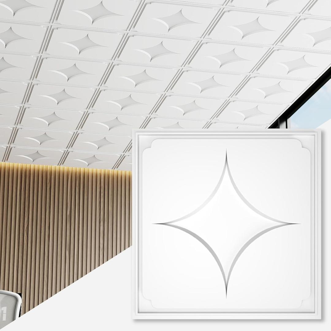 24 PCS 2x2 FT Starburst Decorative Ceiling Tiles, 24x24 Inch 3D Modern Minimalist Ceiling Panels, PVC Waterproof Cuttable Material Ideal for Living Room Bedroom Commercial Space Cover 96 Sq.Ft