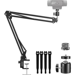 Webcam Stand, Boom Arm Camera Mount Stand for Logitech Webcam BRIO 4K C920 C920S C922 C922x C925e C930 NexiGo N60, 1/4"-3/8" and 3/8"-5/8" Screw for Blue Yeti Snowball Yeti Nano and Other Mics