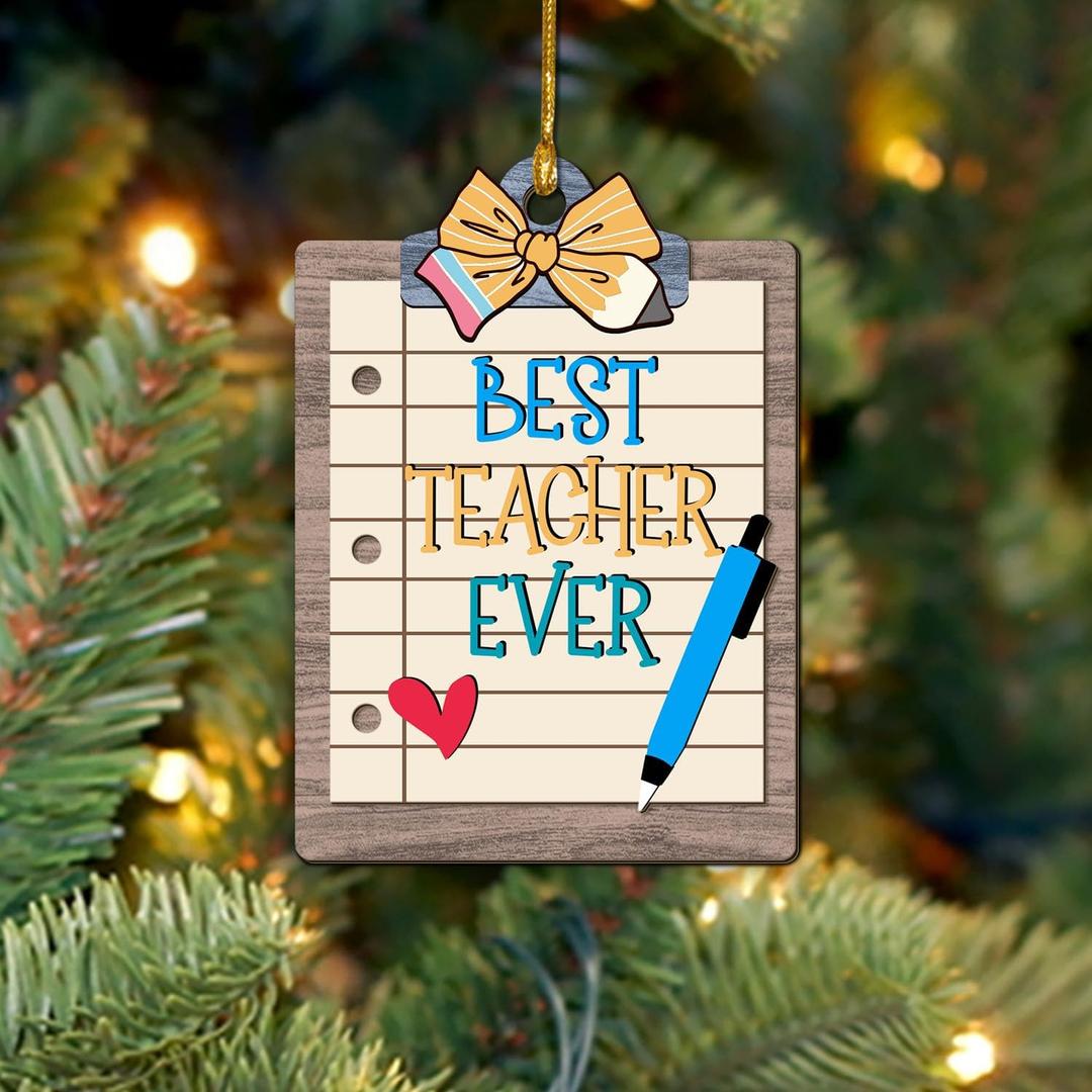 Best Teacher Ever Pencil Bow Clip Shaped Christmas Hanging Ornament Gift, Teacher Appreciation Gifts for Women Ornaments Keepsake, Birthday Teacher Thank You Gifts for Teacher from Students, Kids