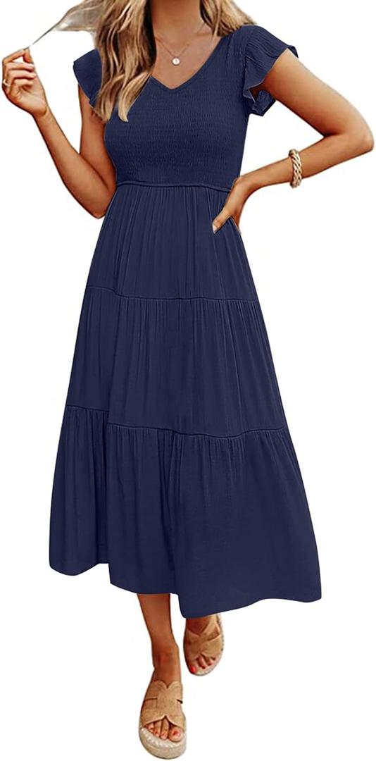 MEROKEETY Women's Flutter Sleeve Smocked Midi Dress V Neck Casual Tiered Dresses with Pockets (Large)
