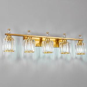 Bathroom Vanity Lights 5-Light Gold Modern Crystal Vanity Light Fixtures Over Mirror Crystal Bathroom Vanity Lighting Fixtures (Gold Round)