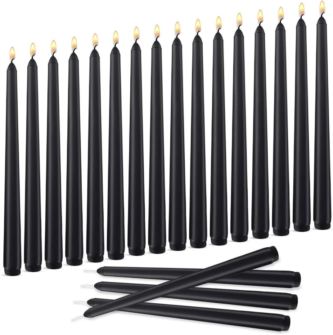 20 Pack Black Taper Candles, 7-8 Hours Burn Time, Unscented, Smokeless and Dripless, 0.79 x 10 Inch Dinner Candle Set for Household, Wedding, Party and Home Dcor Candlesticks