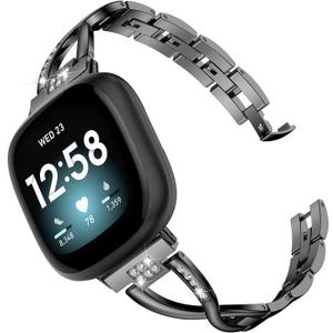 Wearlizer Metal Band Compatible with Fitbit Versa 4/Versa 3/Sense/Sense 2 Bands for Women, Dressy Stainless Steel Bling Rhinestone Link Bracelet Wristband Replacement Strap