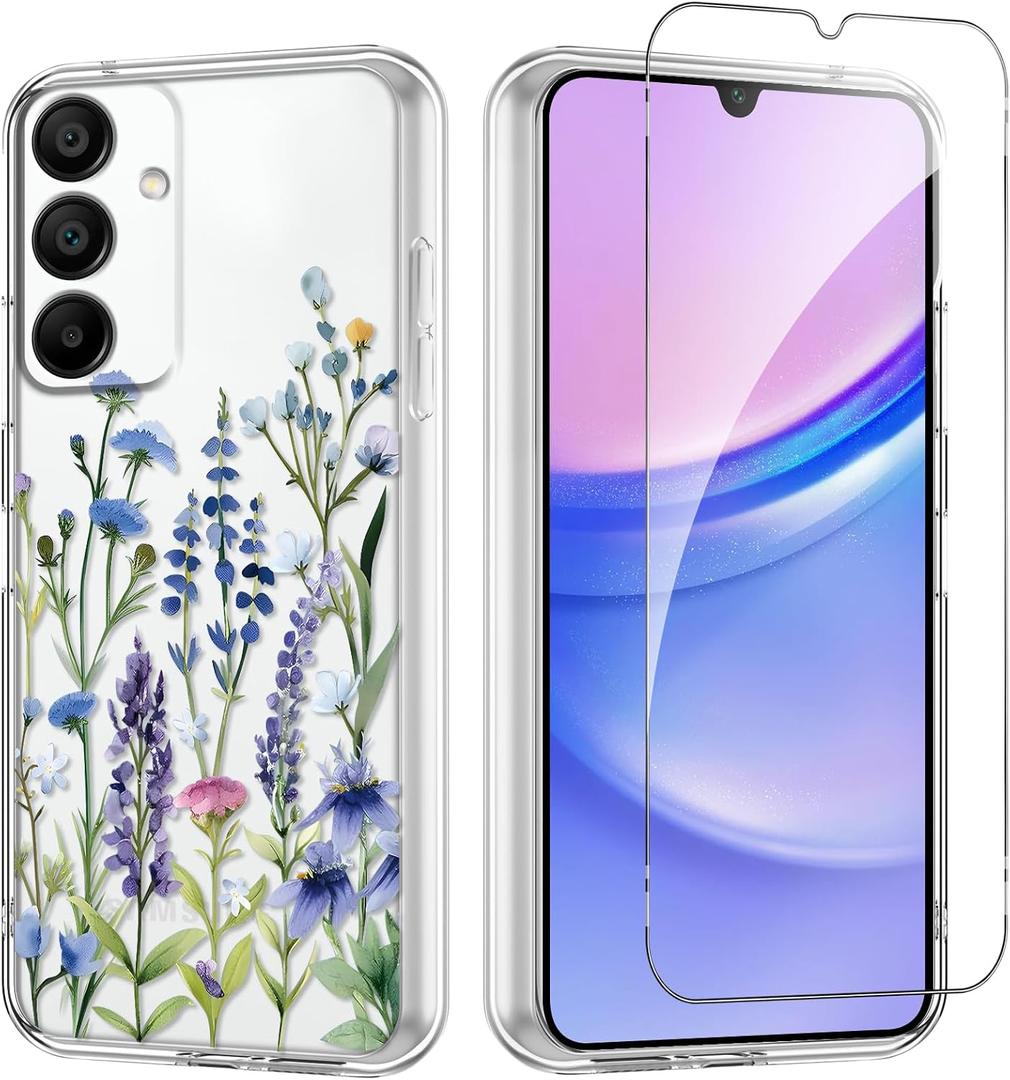 Flower Phone Case Floral for Samsung Galaxy A15 5G 6,5'' with Screen Protector, Clear Transparent Phone Cover Slim Soft Shockproof Anti-Scratch Drop Protection Funda for Girls Women, 03