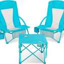 Folding Beach Chair Set of 3, Portable Camping Chairs with Table, Carrying Bag, Cup Holders, Outdoor Breathable Mesh Seat, 225lbs Heavy Duty Beach Chair for Camp Sand Travel Sunbathing