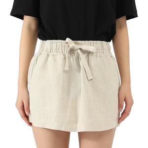 Women 100% Linen Skirt | Micro Mini Length, High Waist, Drawstring, Pockets, Casual Summer (Beige, XS)