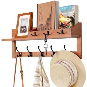 Exper City Coat Rack Wall Mount with Shelf, 26IN Wooden Coat Hanger Hooks Wall Mount with 8 Metal Hooks, Hanging Shelf with Hooks, Wood