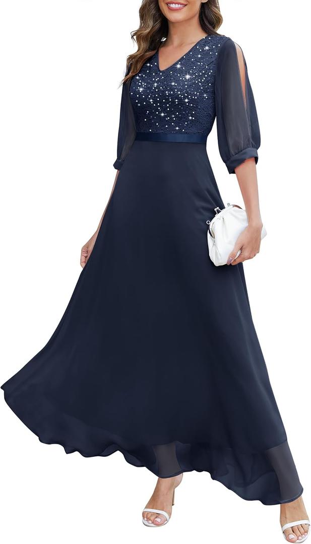 Wedtrend Women's Sequin Dresses Sparkly Glitter Dress Split Sleeves Formal Dresses Maxi Evening Dress (Navy) XL