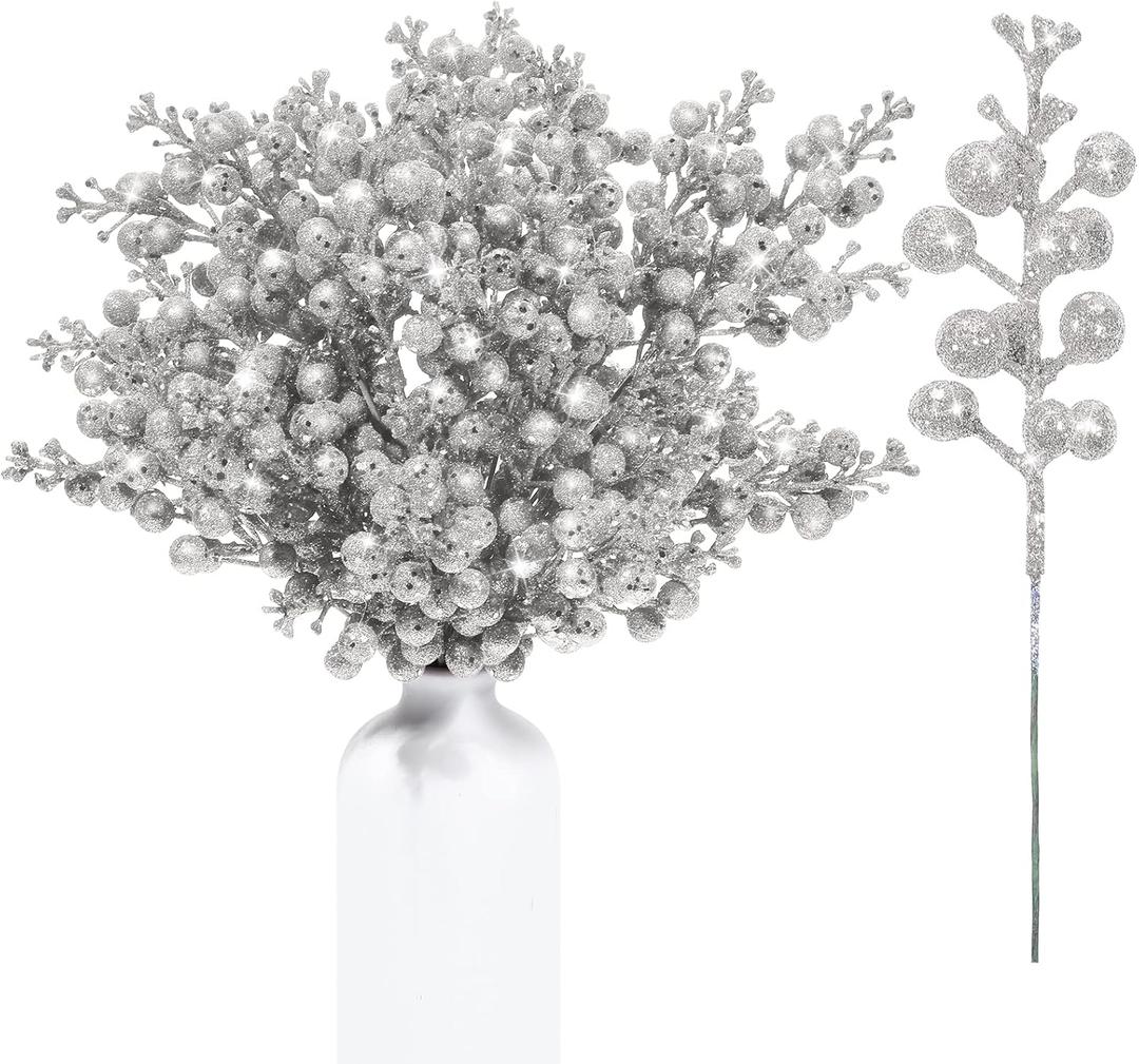 Geosar 36 Pcs Christmas Glittered Berries Stems 7.5 Inch Artificial Berries Sprays Branches Floral Pick for Christmas Tree Ornament, DIY Xmas Wreath, Crafts, Home Decor(Silver, Pure Color)
