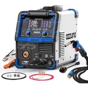 AZZUNO Aluminum 250Amp MIG Welder,6 in 1 Gas MIG/Gasless Flux Core/Stick/Lift TIG/Spot Welding/Spool Gun Compatible Welding Machine 110V/220V Large LED Display Multi Process Welder