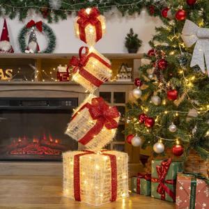 Set of 4 Lighted Gift Boxes, 3.3FT 70 LED Stackable Light Up Present Boxes for Christmas Decorations Indoor Porch Home Decor(4 Pack)