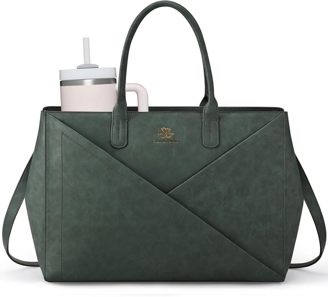 LOVEVOOK Laptop Tote Bag for Women with Large Cup Holder, 15.6 Inch PU Leather Work Bag Teacher Tote Bag, Waterproof Computer Bags Business Office Briefcase Handbag (Dark Green)