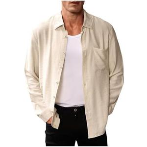 Verdusa Men's Casual Button Down Shirts Vacation Long Sleeve Collared Tops Beige Medium