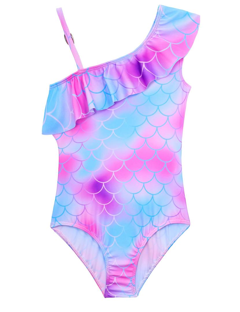 Snowheart Girls Swimwear Size 10-12 Years Old Blue Purple Scales One Piece One Shoulder Swimsuits for Kid