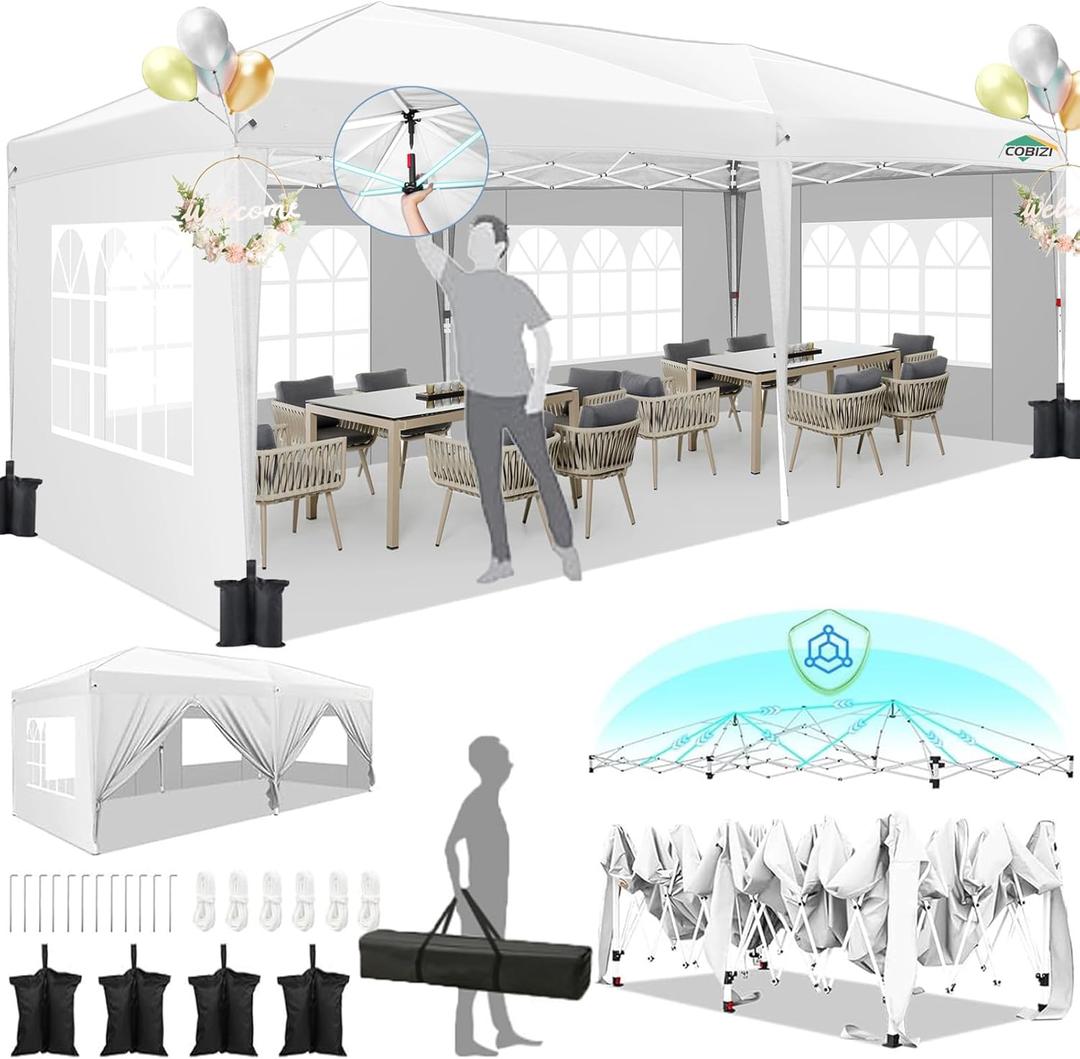 HOTEEL 10x20 Pop Up Canopy with 6 Sidewalls, One-Push Setup Canopy Tent with 8 Windbreak Poles, 10x20 Waterproof Outdoor Canopies for Parties Market Weddings Camping Patios (White)