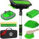 Car Wash Kit, 62'' Car Wash Brush with Long Handle, Soft Bristle Scratch-Free Car Detailing Brush Cleaning Kit, with Wash Mitt Towel Window Squeegee Tire Brush for Car SUV Truck RV Cleaning (Green)