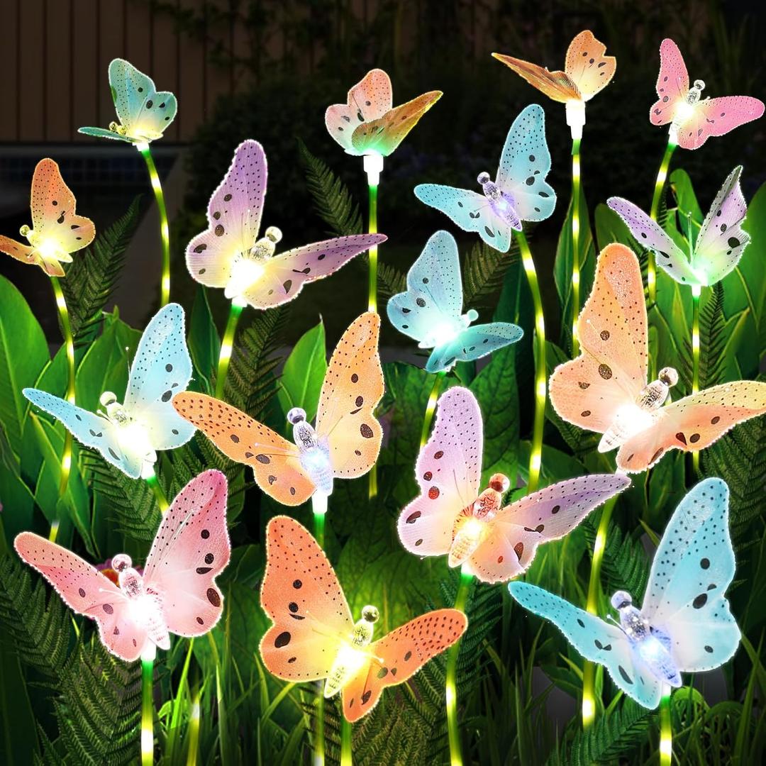 Solar Garden Lights 4 Pack Waterproof Decorative Solar Lights Outdoor with Glowing Stems,7-Color Changing Fiber Optic Butterfly Light for Outside Yard Lawn Garden Decor, Gifts for Women