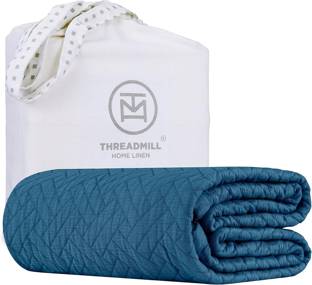 Threadmill Luxury Cotton Blankets for Queen Size Bed | All-Season 100% Cotton Queen Size Blanket | Criss Cross Cozy Lightweight, Soft Breathable Coverlet fits Full Size Bed, 90x92 | Folkstone Blue (Queen / Full, Folkstone Blue Classic)