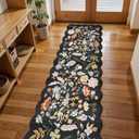 Scalloped Hallway Runner Rug Non-Slip Washable Boho Floral Carpet Runner for Kitchen, Bathroom, Bedroom & Entryway Soft Low-Pile Thin Rug with Rubber Backing (Black, 2x8ft)