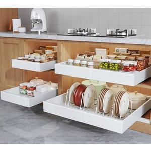 Seinloes 4Pack Expandable Pull Out Cabinet Organizer 21"Deep with Raising Pad for Framed Cabinets,Slide Out Drawers with 4pcs Divider Racks,Roll Out Shelves Adhesive,Adjustable Width 12.05"-20.4"White