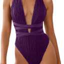 ZAFUL Women's One Piece Swimsuit Deep V Neck Ribbed Self Tie Sexy High Cut Bathing Suit Crisscross Back Swimwear (Medium, Purple)