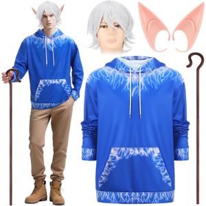 Tellingyou 5 Pcs Halloween Ice Costume for Men Adults Blue Hoodie White Wig Ice Staff Elf Ears for Halloween Anime Costume (Medium)