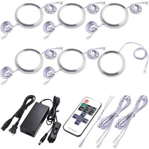 Under Cabinet Puck Lighting Kit, Atmosphere Ambiance Lighting, Dimmable Wireless RF LED Remote Control, Daisy Chain Linable, AC120V to DC12V, Hardwired or Wall Plug, 6 Lights, Daylight