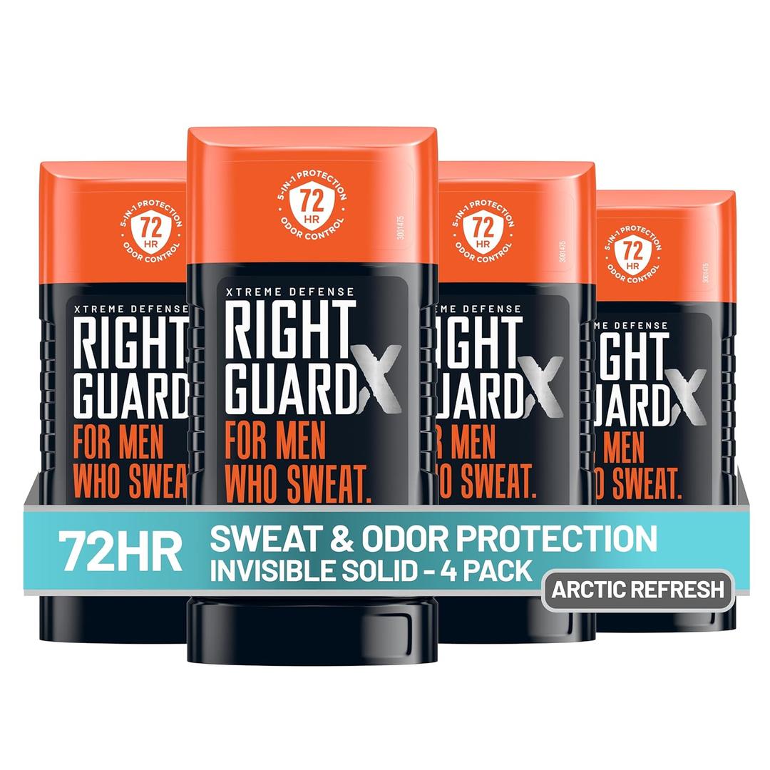 Right Guard Xtreme Defense Invisible Solid, Antiperspirant Deodorant, Arctic Refresh Scent - 5-in-1 Deodorant for Men, 72-Hour Odor Control, 2.6 oz (4 Pack)