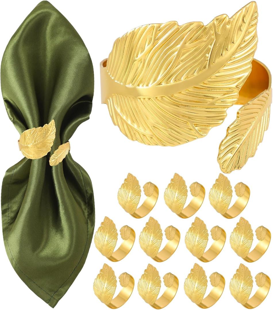 Gold Napkin Rings, Shiny Metal Napkin Rings Set of 12, Study Leaf Shaped Table Decor, Stylish Fall Napkin Ring Bulk for Christmas, Easter, Wedding, Party, Elegant Table Settings Gift Ideas (Two Leaves)