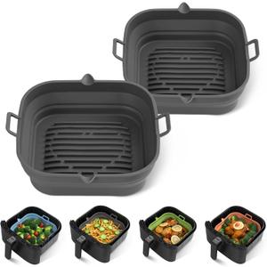 [2 Pack] Silicone Air Fryer Liners Square - Reusable Airfryer Basket - Easy to Clean Air Fryers Pot for 5.8 to 8 Qt Large Air Fryer Baking Tray Oven Accessories, 8.5 Inch