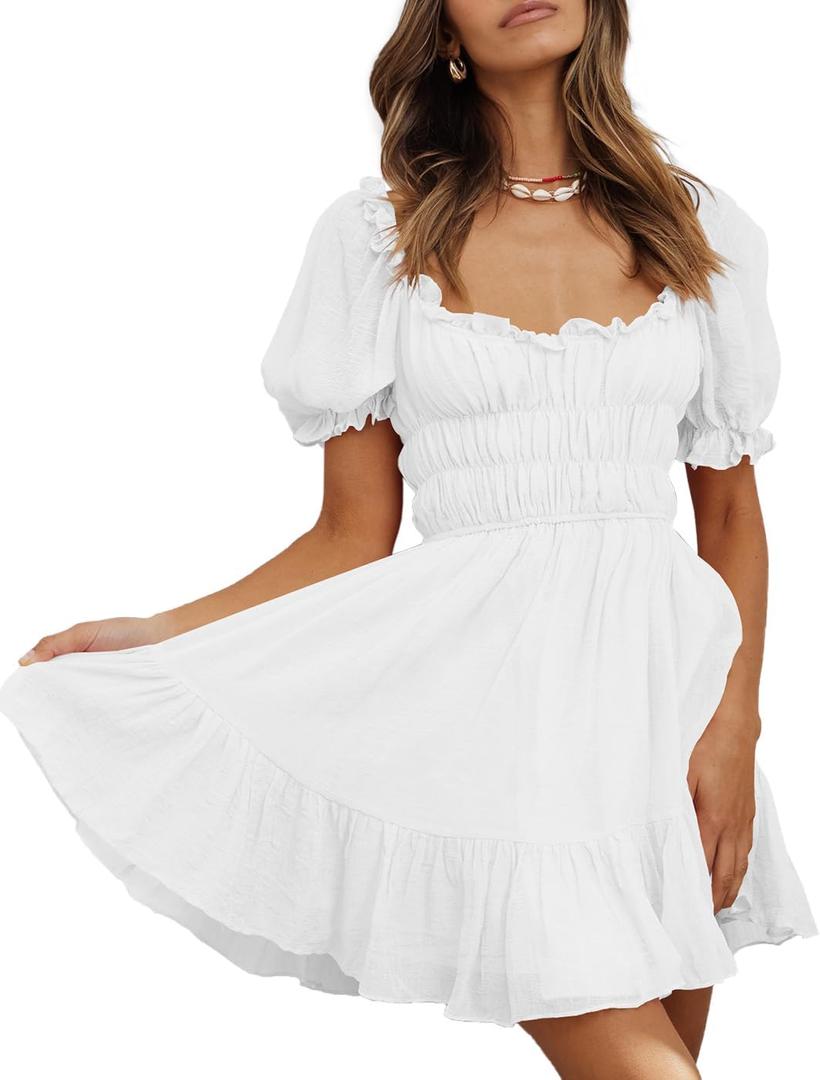 Women's Square Neck Puff Sleeve Mini Dresses Ruffle Elastic Waist A-Line Elegant Summer Casual Flowy Mini Dress (White)