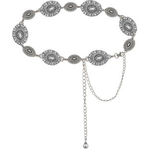 Western-Concho-Belt-Women Cowgirl-Metal-Belts Boho Silver Vintage Turquoise Chain Belt for Dress Jeans (Length 51.1" (29.5"+extended chain 21.6"))